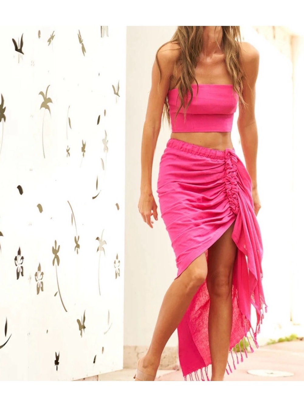 Just Bee Queen Tulum Fuchsia Asymmetrical Ruched Wrap Skirt - Women